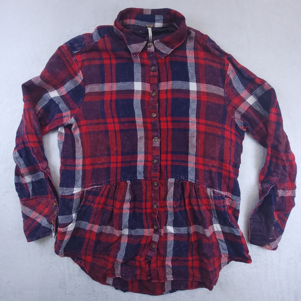 FREE PEOPLE Tunic Shirt XS Red Distressed Pockets Oversize Boho Western Top Flaw